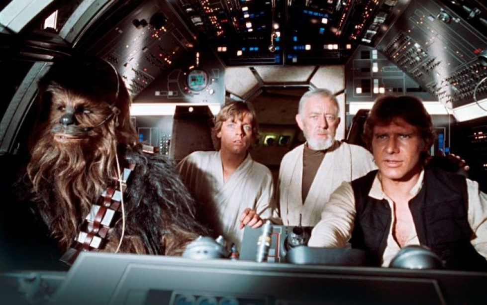 Peter Mayhew, Mark Hamill, Alec Guinness ja Harrison Ford vuonna 1977.