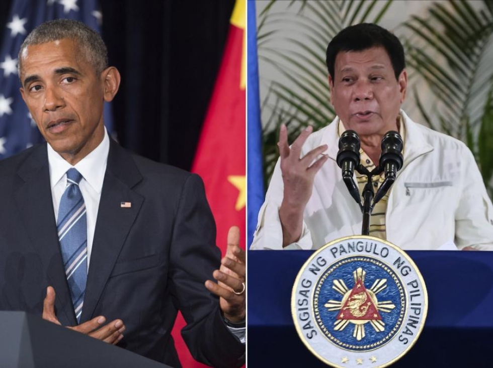Filippiinien presidentin Rodrigo Duterten (oik.) kielenkäyttö sai Yhdysvaltain presidentin Barack Obaman peruuttamaan kaksikon sovitun tapaamisen. LEHTIKUVA/AFP