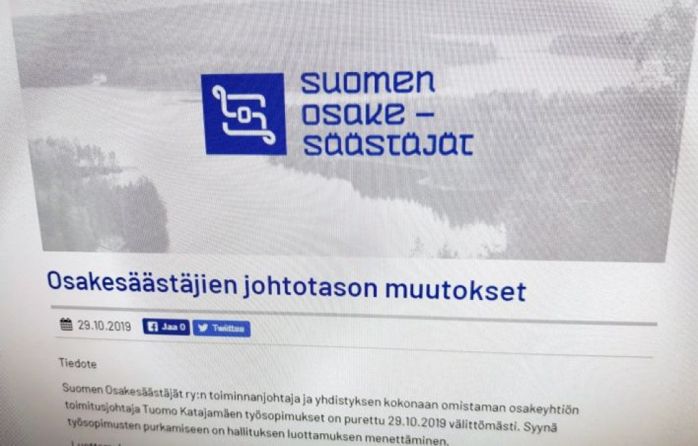 Suomen Osakesäästäjistä potkut saanut Katajamäki oli aloittanut tehtävissään viime vuoden joulukuussa. LEHTIKUVA / TEEMU SALONEN