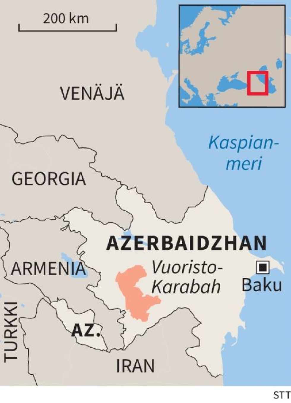 Armenia ja Azerbaidzhan ovat kamppailleet Vuoristo-Karabahista vuosikymmenet. Grafiikka: STT