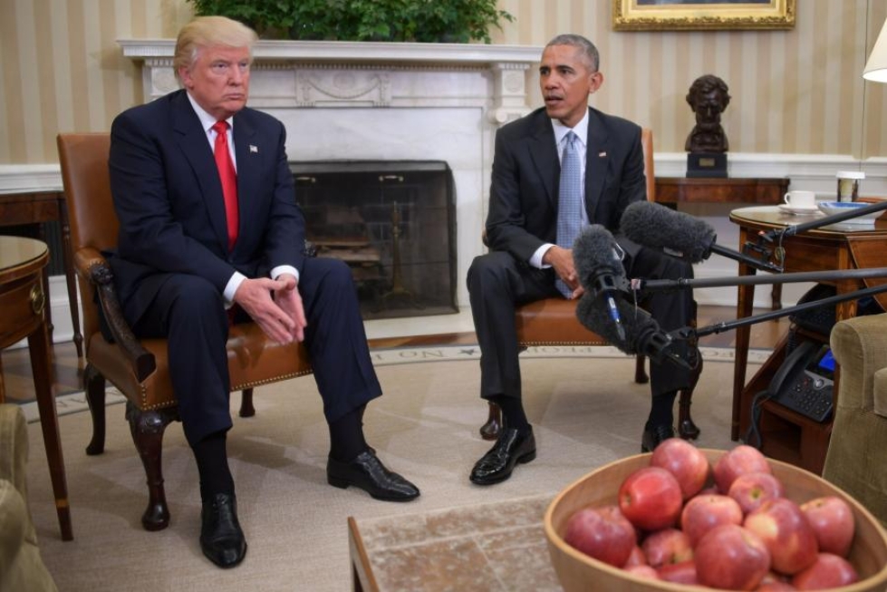 Yhdysvaltain tuleva presidentti Donald Trump ja väistyvä presidentti Barack Obama tapasivat vaalien jälkeen marraskuussa. LEHTIKUVA/AFP