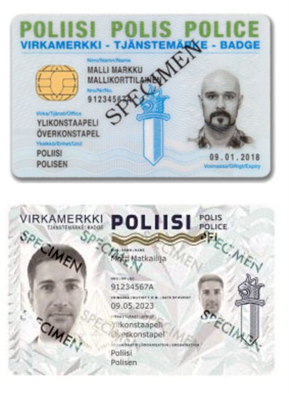 Uusissa korteissa (alla) viranomaisen ja kortin nimi ovat ruotsiksi huomattavasti pienemmällä kirjasinkoolla kuin suomeksi. LEHTIKUVA/poliisi