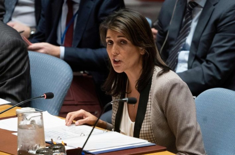 Yhdysvaltojen YK-lähettiläs Nikki Haley on usein puoltanut Israelia maan konfliktissa Hamasin kanssa. LEHTIKUVA/AFP