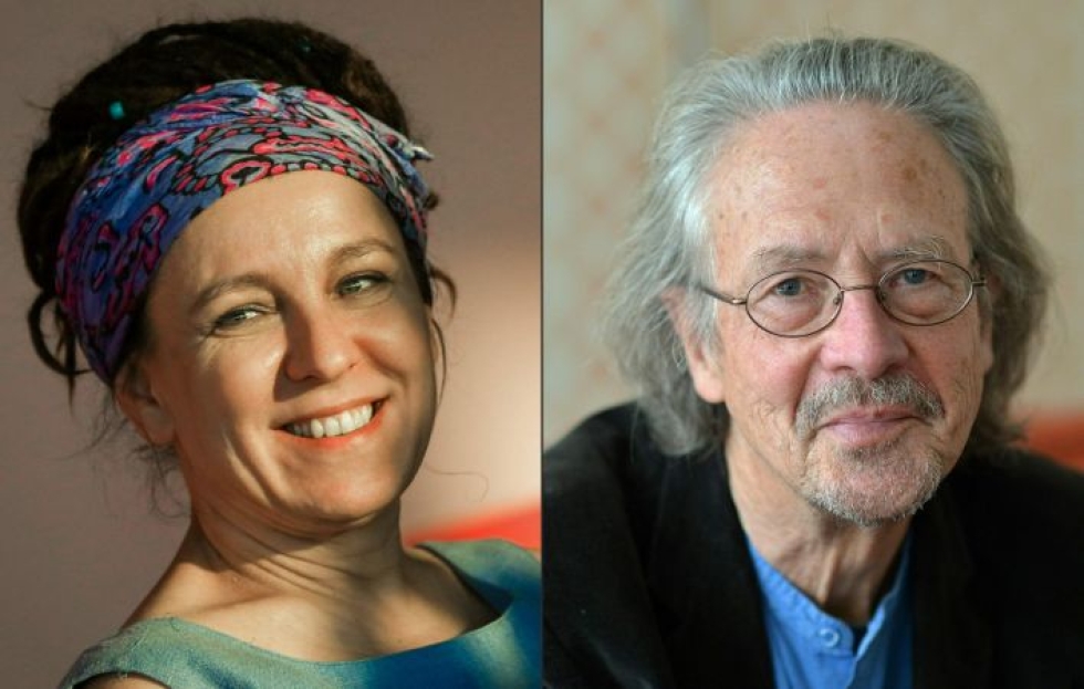 Viime ja tämän vuoden Nobelin kirjallisuuspalkinnon saavat puolalainen Olga Tokarczuk ja itävaltalainen Peter Handke. Kuva: Lehtikuva/AFP