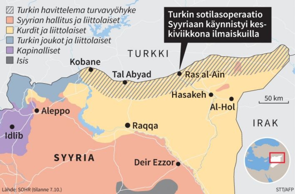 Turkki haluaa luoda suoja-alueen "kurditerroristeja" vastaan ja siirtää Pohjois-Syyriaan Turkissa olevia syyrialaispakolaisia. Grafiikka: STT / Maija Korpinen