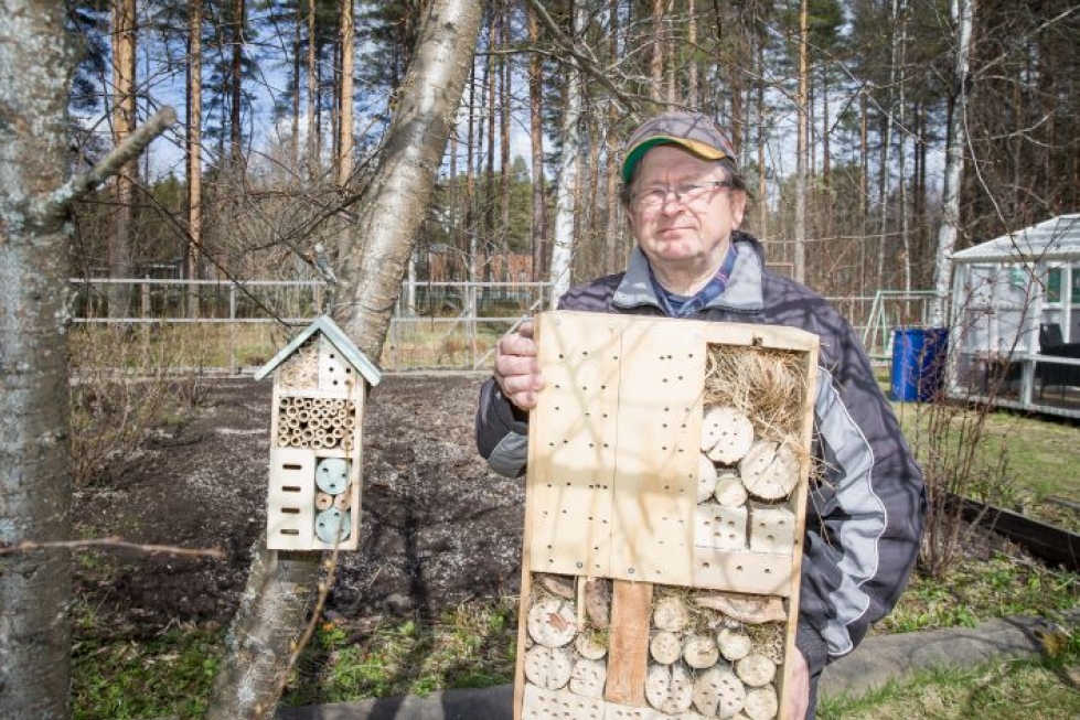 Reijo Seppänen hankki ensin hyönteishotellin kaupasta (vas.), mutta rakensi sitten isomman itse.