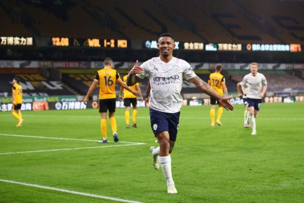 Manchester Cityn Gabriel Jesus sinetöi 3–1-voiton maalillaan. LEHTIKUVA/AFP