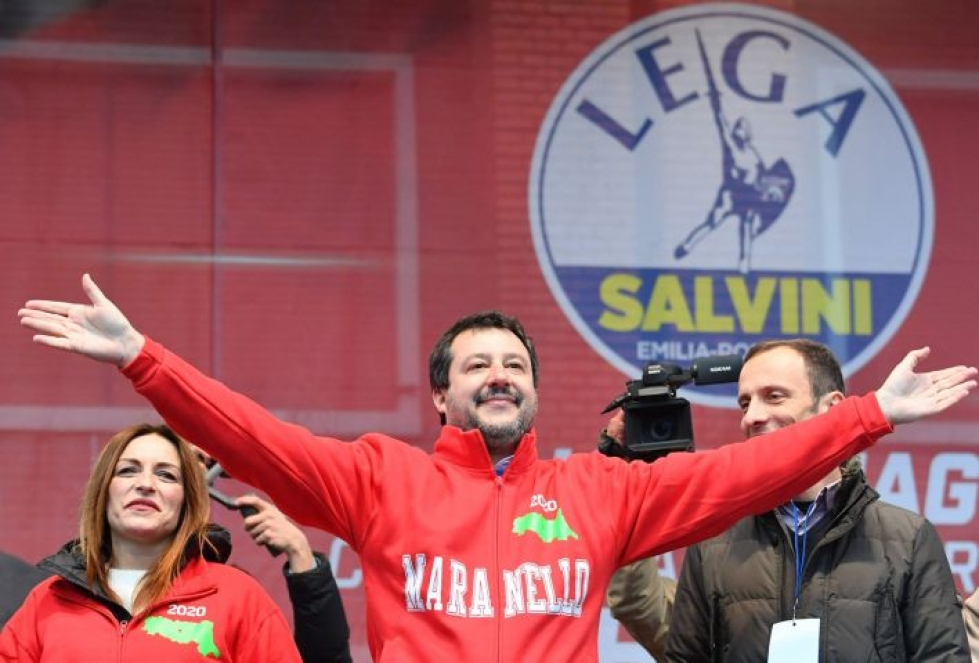 Matteo Salvini kävi reilu viikko sitten vauhdittamassa Legan vaalikampanjaa Maranellossa Emilia-Romagnassa. LEHTIKUVA / AFP