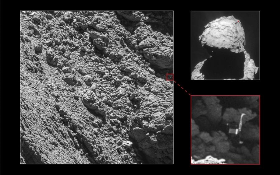 Philae irtosi Tshurjumovin–Gerasimenkon komeettaa avaruudessa kiertävästä Rosettasta ja jysähti komeetan pinnalle marraskuussa 2014. Lehtikuva/AFP.