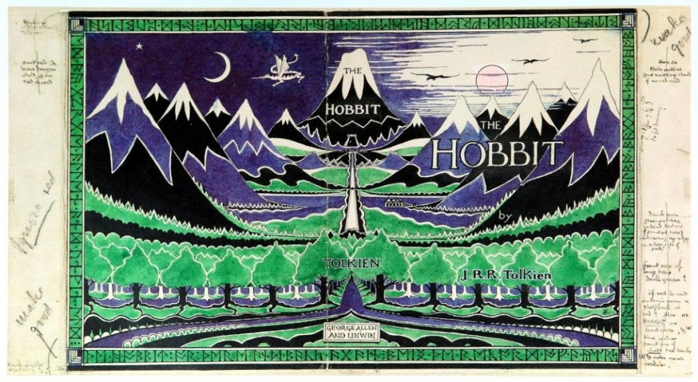 Kirjailijan itsensä maalaama kansilehti Hobitin ensimmäiseen painokseen. Hobitti Tolkienin silmin -teoksen kuvitusta.
