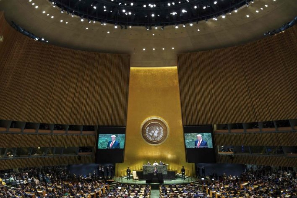 YK:n 75. yleiskokous järjestetään koronapandemian oloissa virtuaalisena. Kuva viime vuoden yleiskokouksesta. LEHTIKUVA/AFP