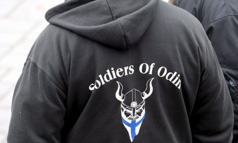 Äärioikeistolainen Soldiers of Odin -katupartiojärjestö piti mielenosoituksen Tampereella viime toukokuussa. LEHTIKUVA / MARKKU ULANDER