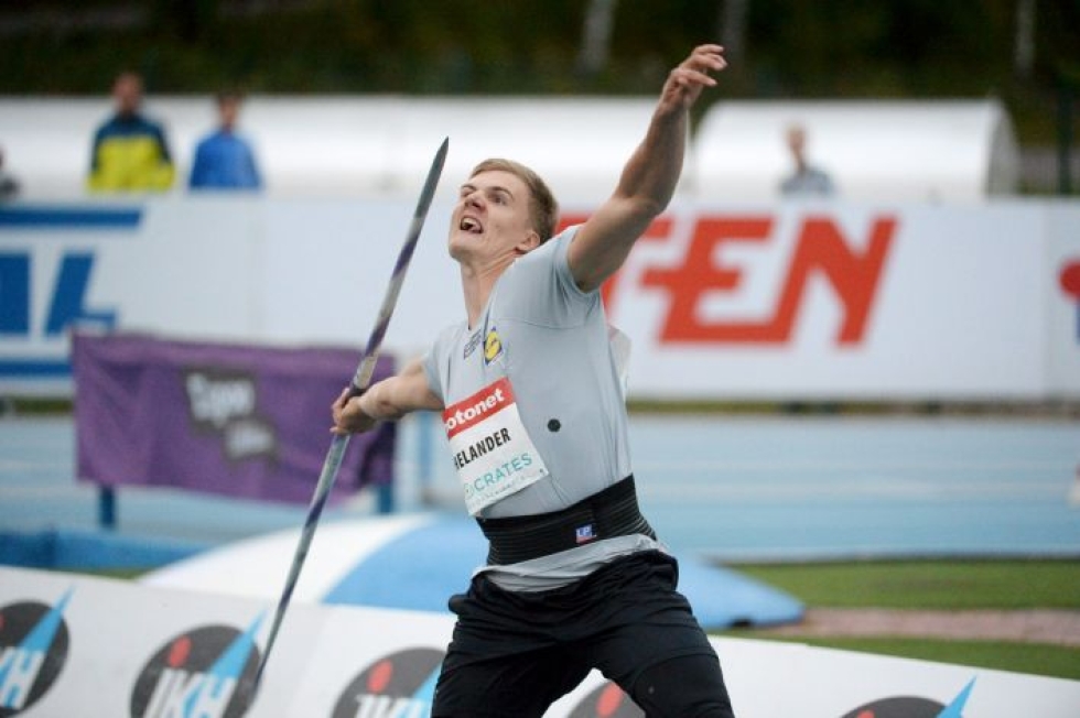Oliver Helander heitti Espoon gp-kisoissa ainoana yli 80 metriä, mutta yliastui heittonsa. Kuva: Lehtikuva / Mikko Stig