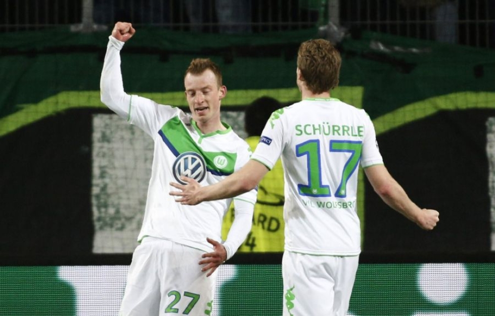 Wolfsburgin Maximilian Arnols juhli 2 -0-maalia Real Madridia vastaan. LEHTIKUVA/AFP
