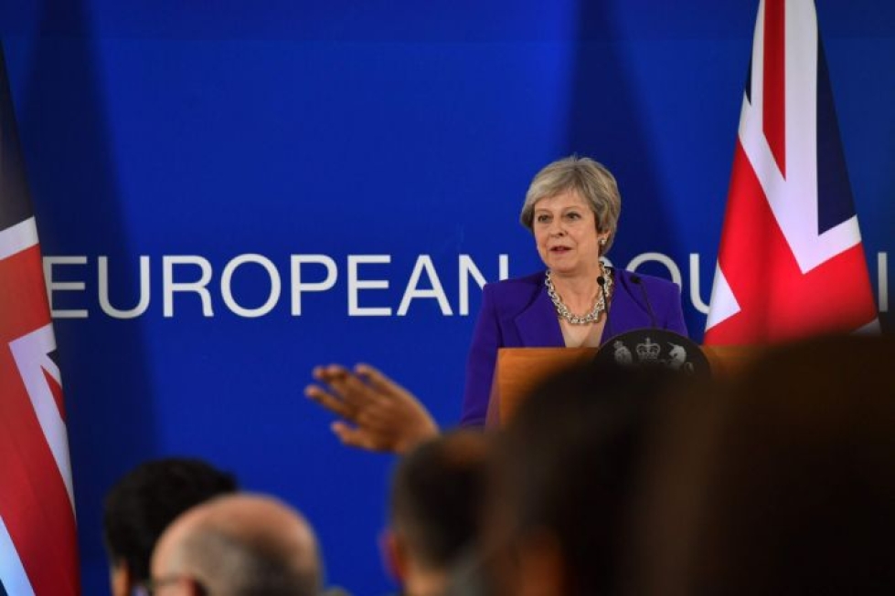 Pääministeri May tiedotustilaisuudessa EU-huippukokouksessa Brysselissä viime torstaina. LEHTIKUVA/AFP