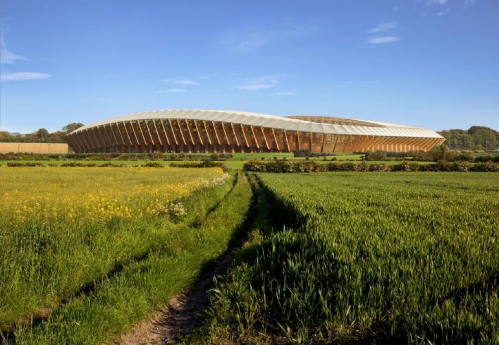 Havainnekuva uudesta stadionista, joka tulee olemaan maailman ensimmäinen täysin puusta rakennettu.