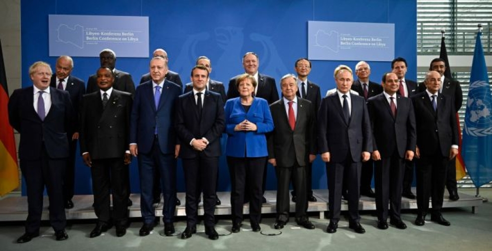 Libyan kriisiä käsittelevää kokousta Berliinissä emännöi Saksan liittokansleri Angela Merkel, ja siihen osallistuivat muiden muassa Venäjän presidentti Vladimir Putin, Turkin presidenttiä Recep Tayyip Erdogan ja Ranskan presidentti Emmanuel Macron. LEHTIKUVA/AFP