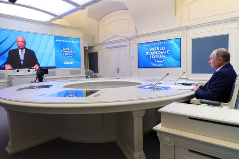 Putin puhui virtuaalisesti järjestetyssä Maailman talousfoorumissa. Lehtikuva/AFP