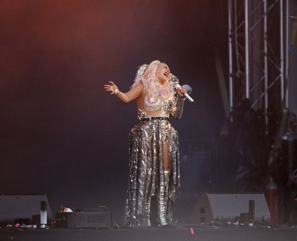 Yhdysvaltalainen pop-tähti Christina Aguilera esiintyi Pori Jazzeilla perjantai-illan loppuunmyydyssä konsertissa. LEHTIKUVA / RONI REKOMAA