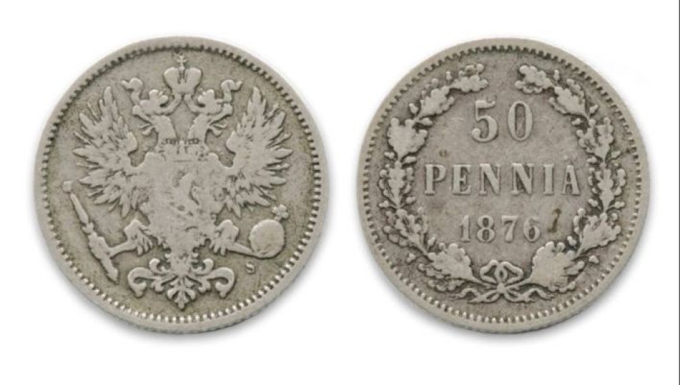 Harvinainen 50 pennin raha vuodelta 1876.