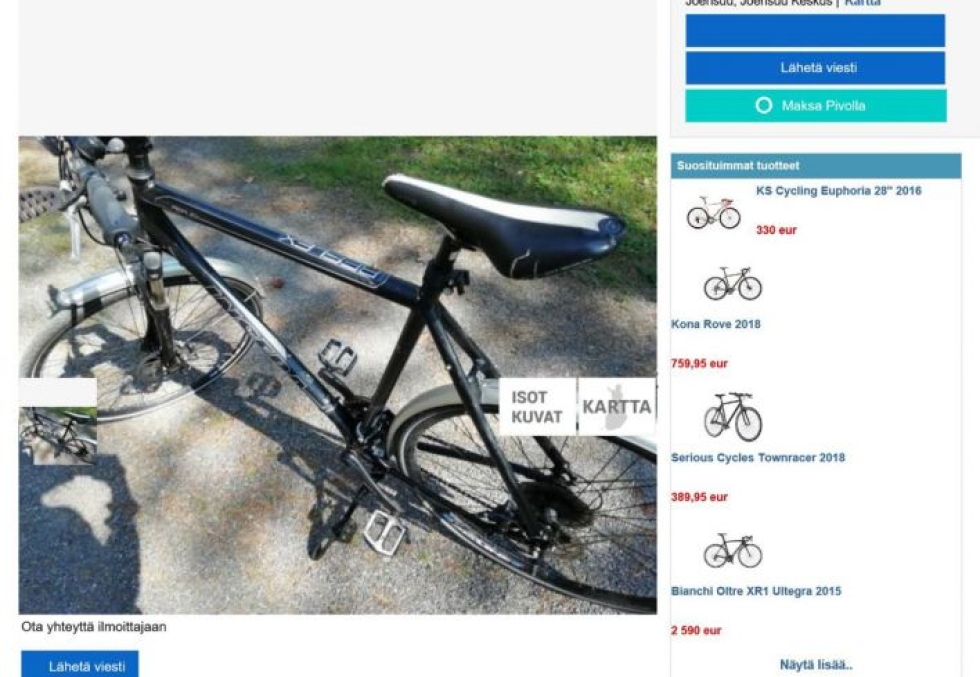 Pyöränsä varkaalle menettänyt löysi netistä nopeasti myynti-ilmoituksen, jossa näkyi tuttu pyörä. Kuvakaappaus tori.fi-sivustolta.
