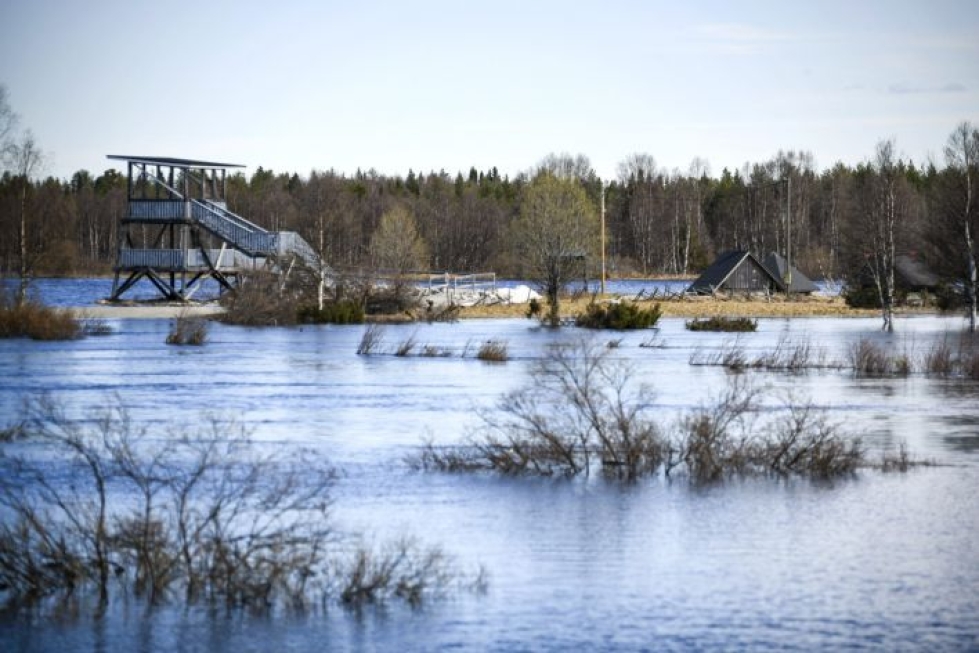 Ounasjoen varressa oleva lintutorni on jäänyt tulvaveden saartamaksi Kittilässä, kuva torstailta. LEHTIKUVA / AKU HAYRYNEN
