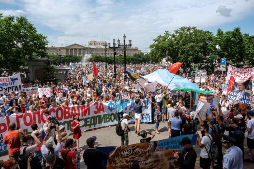 Habarovskissa tänään järjestetyt protestit ovat suurimmat hallituksenvastaiset mielenosoitukset Venäjällä vuosiin. LEHTIKUVA / AFP