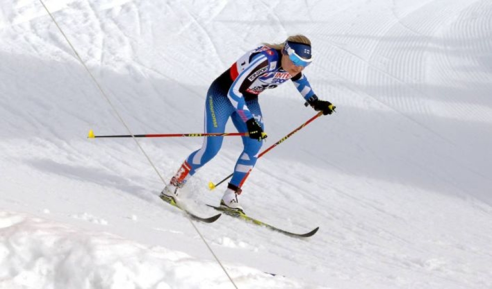 Riitta-Liisa Roponen Falunin MM-kisoissa 2015, jolloin hän edusti Suomea edellisen kerran  maailmanmestaruuskisoissa.