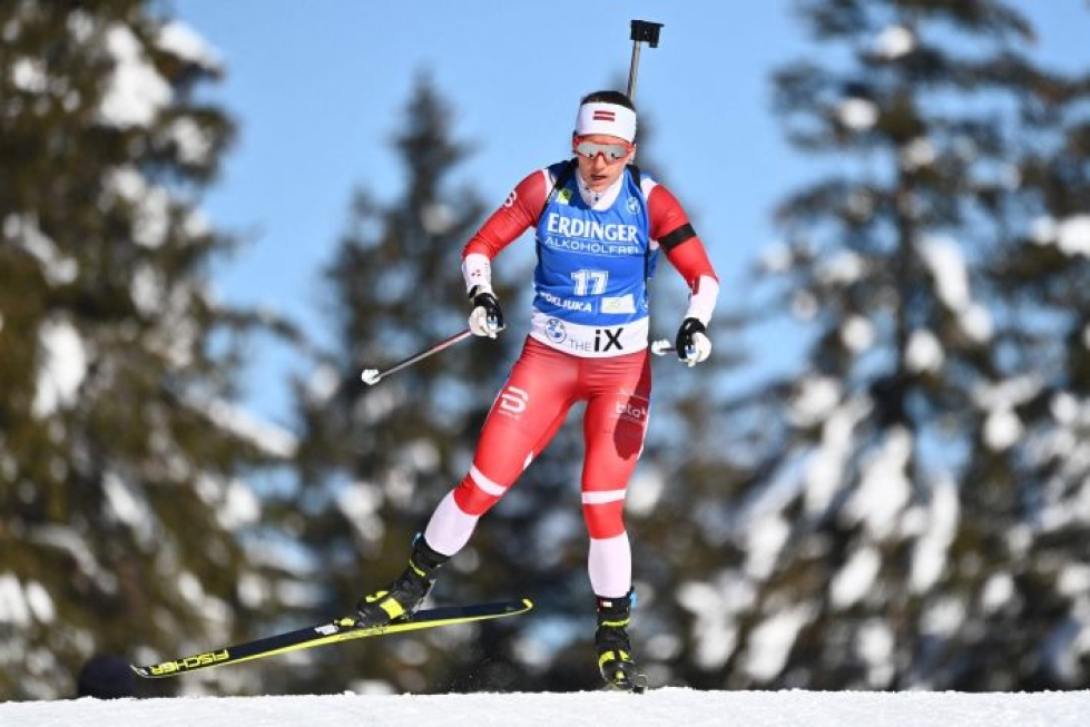 Oberstdorfin MM-kisoissa naisten viiden kilometrin karsintakisan nopein oli ampumahiihtäjänä tunnettu Latvian Baiba Bendika. LEHTIKUVA / AFP