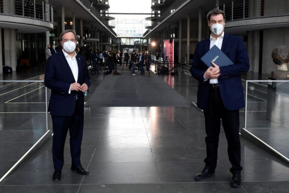Armin Laschet että Markus Söder tavoittelevat liittokansleriehdokkuutta kumpikin. Lehtikuva/AFP