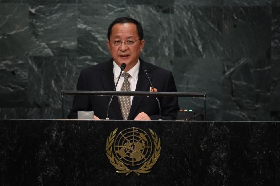 Pohjois-Korean ulkoministeri Ri Yong-ho sanoi YK:n yleiskokouksessa, että maan ainoa keino puolustaa itseään on jatkaa ydinaseiden kehittämistä. LEHTIKUVA/AFP