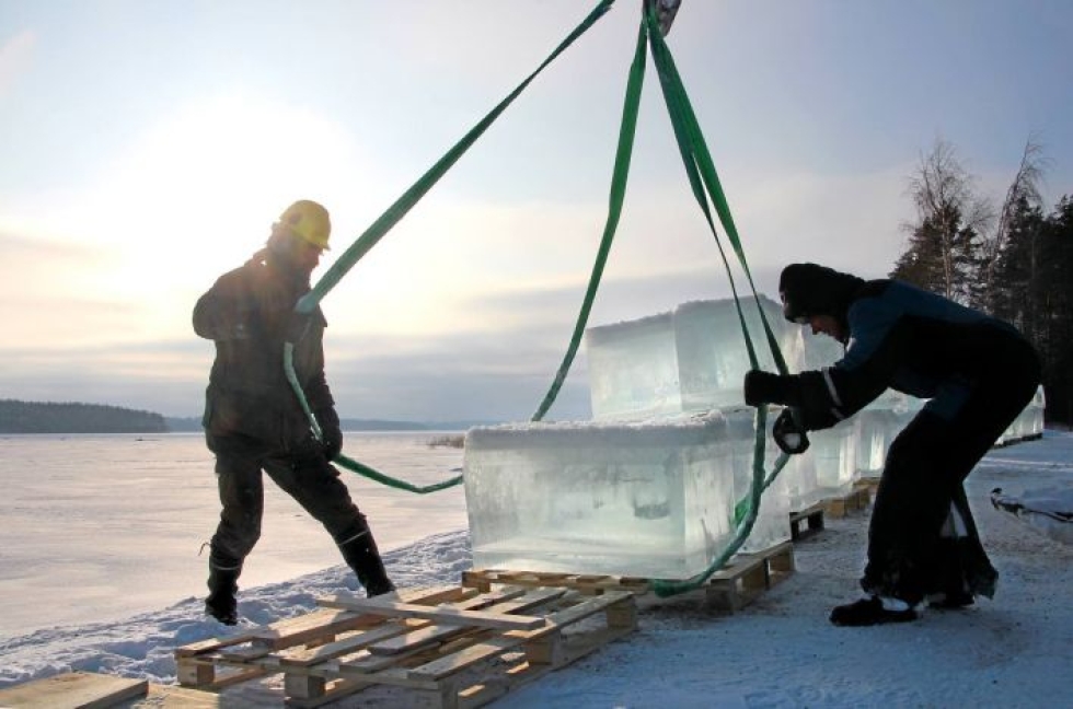 Pro Puruveden Pentti Hiltunen ja Reijo Jantunen nostivat helmikuussa 2012 jäätä Puruvedestä Savonlinnan jäänveistokisaa varten.