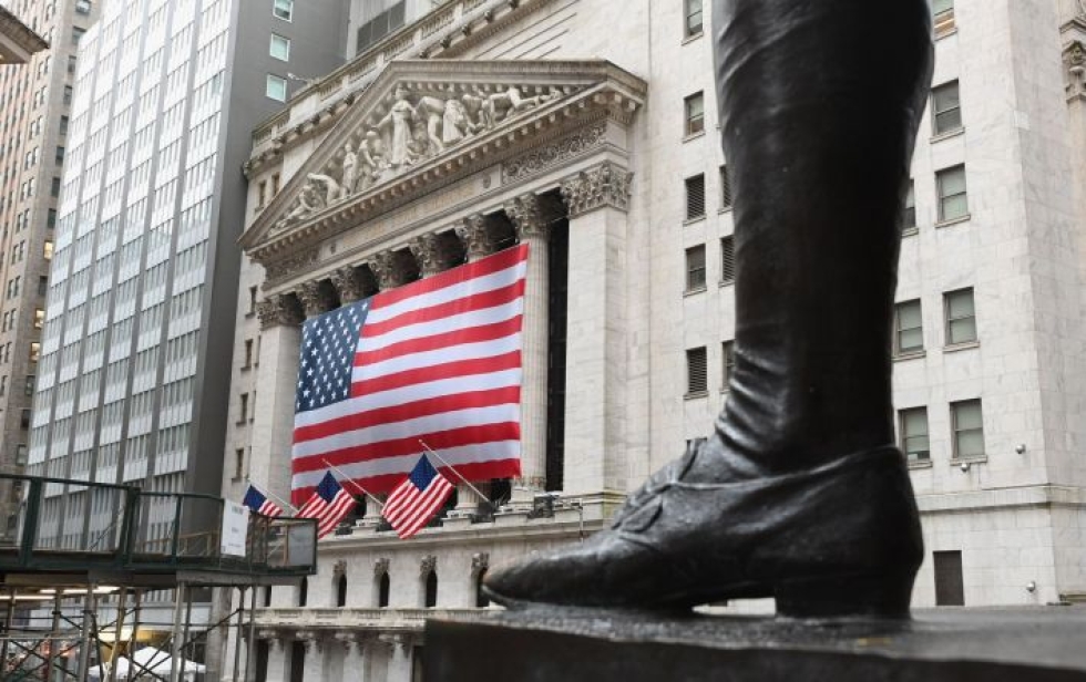 Wall Streetillä Dow Jones -indeksi oli kaupankäynnin päätyttyä 0,1 prosenttia miinuksella. LEHTIKUVA / AFP