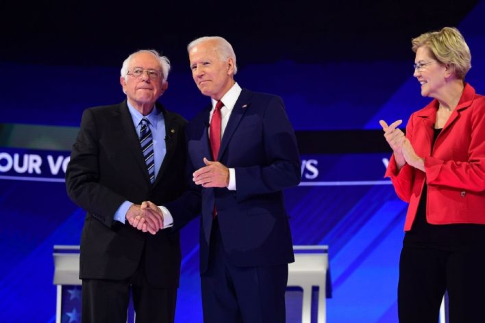 Bernie Sanders, Joe Biden ja Elizabeth Warren ovat kolme suosituinta ehdokasta. Lehtikuva/AFP