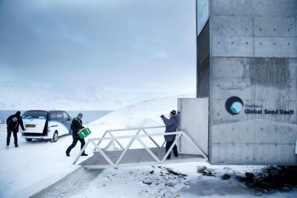 Ikiroudan ympäröimä holvi on louhittu vuoreen lähelle Longyearbyenin kaupunkia.  LEHTIKUVA/AFP
