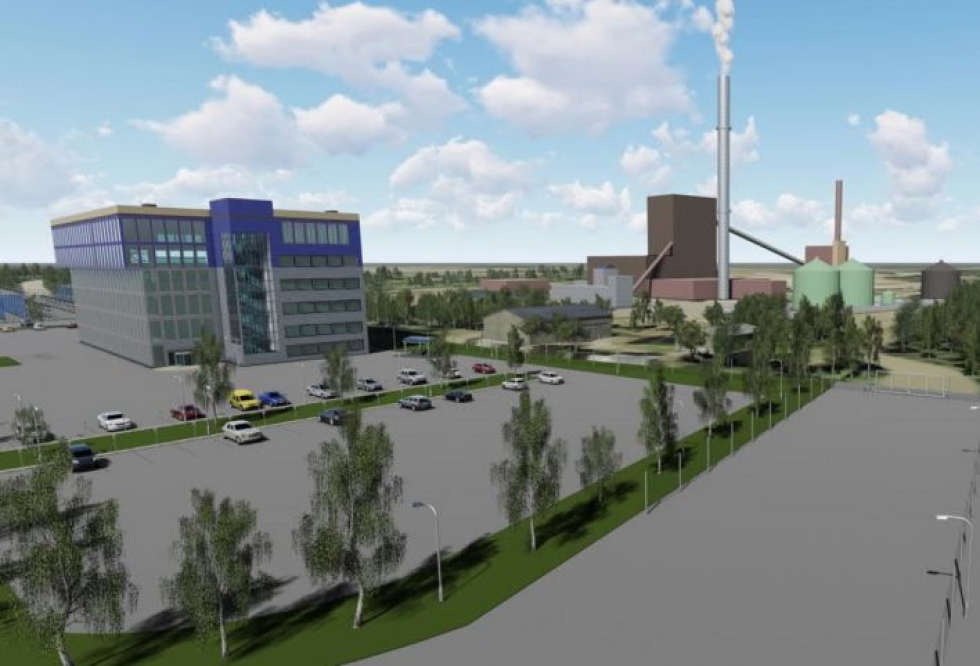 Kaavasuunnitteluun liittyvä havainnekuva siitä, miltä esimerkiksi datakeskus voisi Biotiellä näyttää. Vieressä entinen Fortumin, nykyinen Savon Voiman voimalaitos.