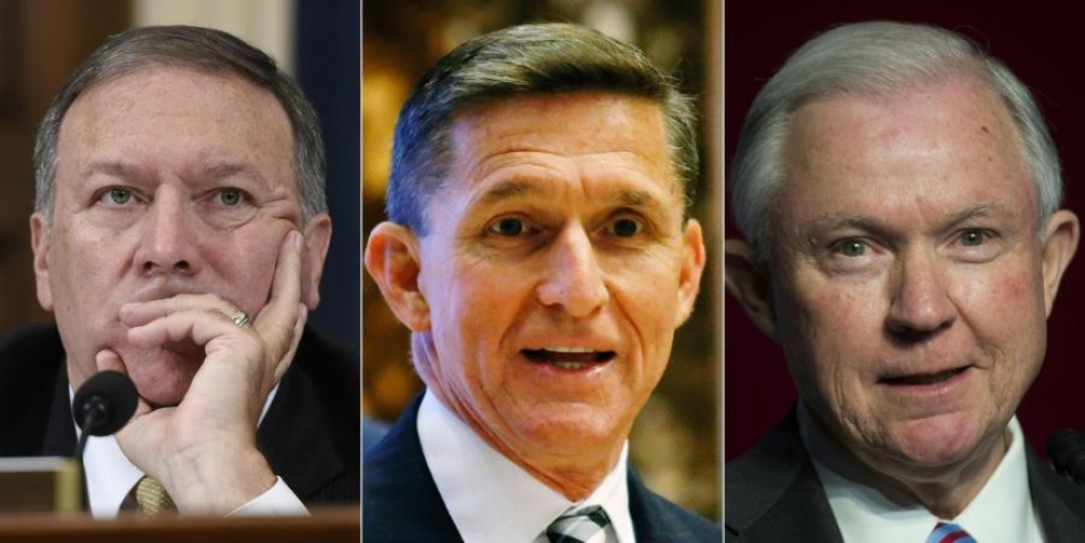Mike Pompeosta (vas.) on tulossa CIA:n uusi johtaja, Michael Flynnistä (kesk.) Donald Trumpin turvallisuuspoliittinen neuvonantaja ja Jeff Sessionsista (oik.) oikeusministeri. LEHTIKUVA/AFP